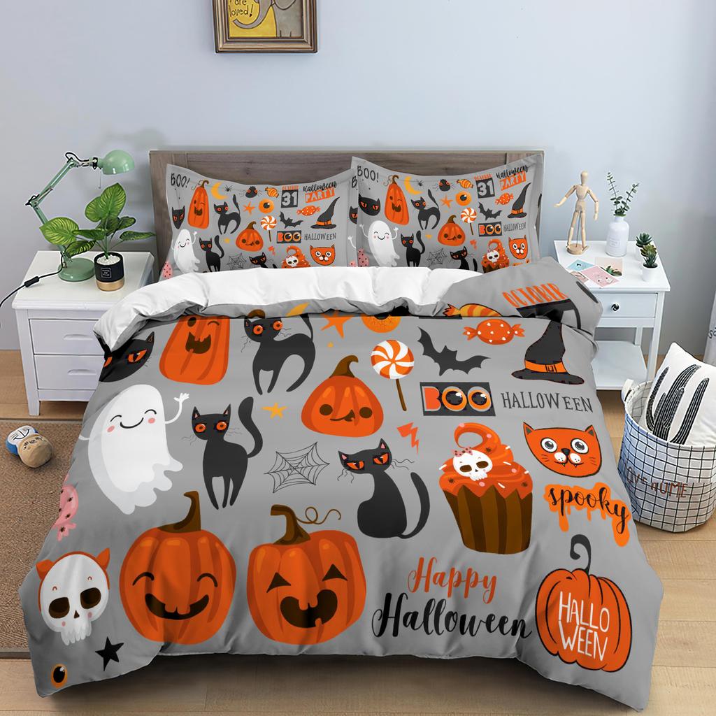 Halloween Duvet Cover Set Bats Pumpkin Polyester Comforter Cover with Pillowcase Queen King Size Bedding Set 3D Print Bedclothes