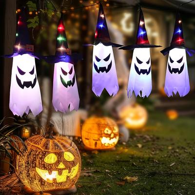 LED Ghost Hanging Decoration with Wizard Hat Halloween Party Decor Spooky Light Ornament for Home Yard Haunted House