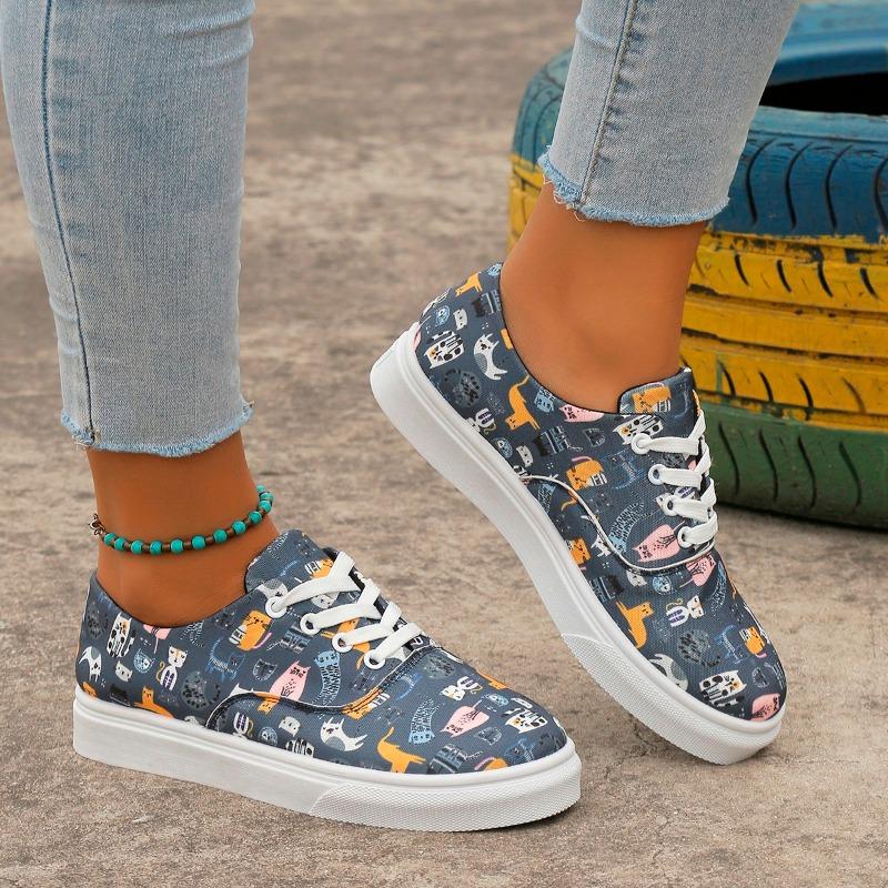 Sneakers Damskie Buty Sznurowane z Nadrukiem Kwiatowym Okrągły Nosek Damskie Płaskie Buty Pojedynczy But Sznurowane Casualowe Płaskie Sneakersy