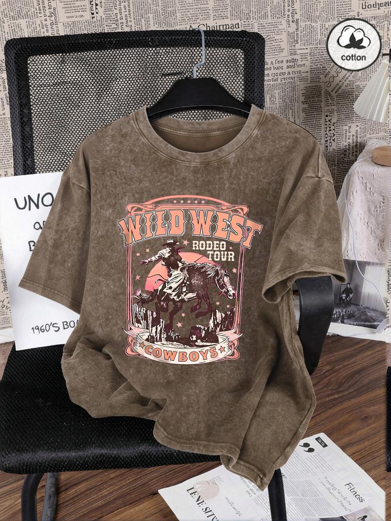 Wild West Cowboys Print Snow Wash Women Tee Shirts Hip Hop Summer T Shirt Casual Washed Clothes Cotton Oversized Short Sleeves