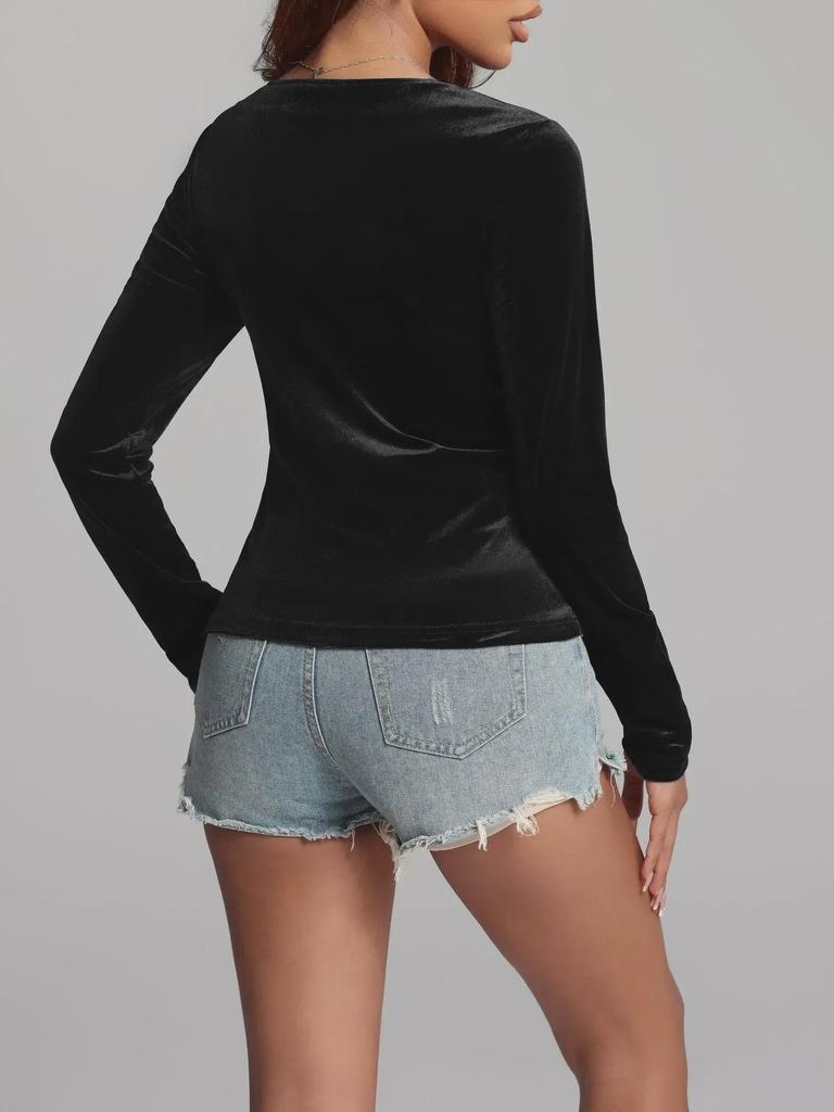 Gold Velvet Long-Sleeve Irregular V-Neck Top - Sexy Retro Waist Design for Women