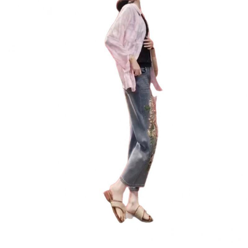 Womens High-Waisted Wide-Leg Straight Jeans 2026 Thin Cotton Blend With Embroidery Cut-Out Detail