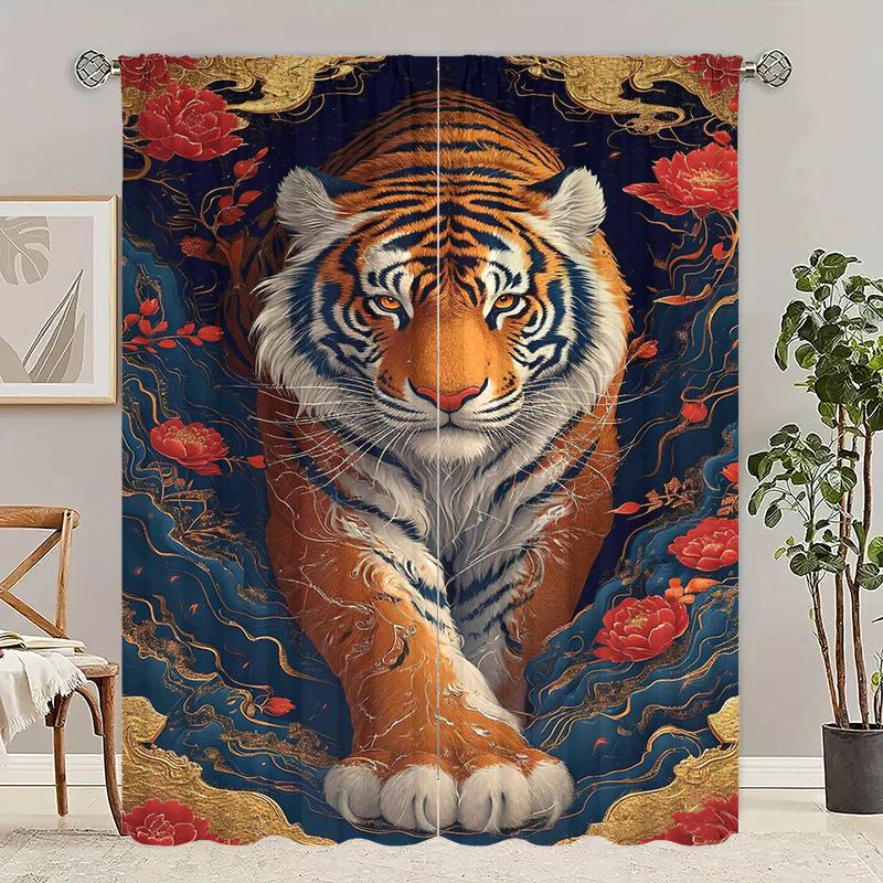 Animal Tiger -2 Pieces - Printed Curtain, 100% Polyester, Suitable for Home Decor