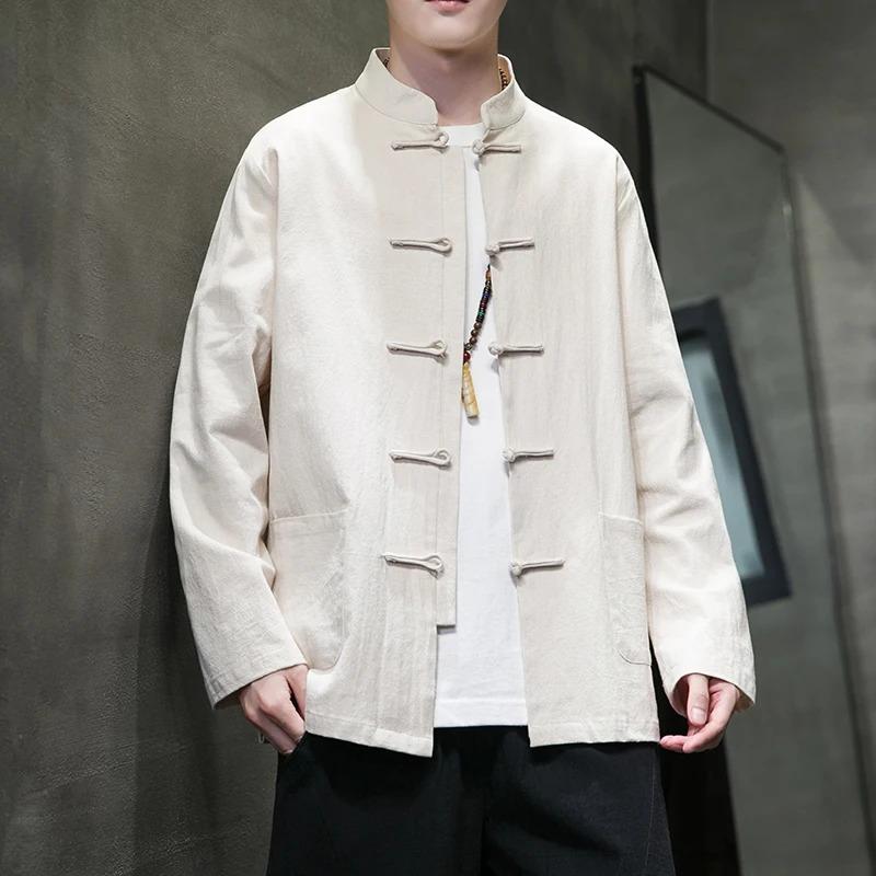Black White Chinese Shirt Man Linen Tang Suit Spring Autumn Long Sleeve Kung Fu Shirt Traditional Men Blouses