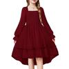 Girls' Fashionable And Cute Solid Color Square Neck Bell Sleeve Long Sleeve Ruffled Wide Hem Dress