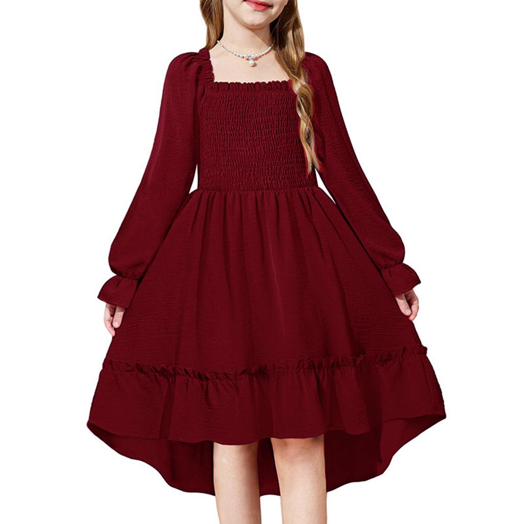 Girls' Fashionable And Cute Solid Color Square Neck Bell Sleeve Long Sleeve Ruffled Wide Hem Dress
