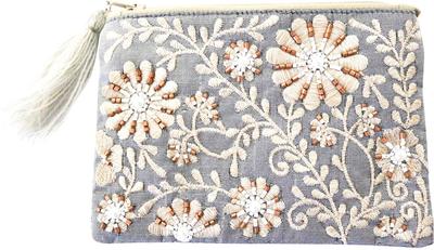 Tokyo Kankan Beaded Embroidered Mini Flat Pouch, Gray, 15 X 10cm, M42-1074GY