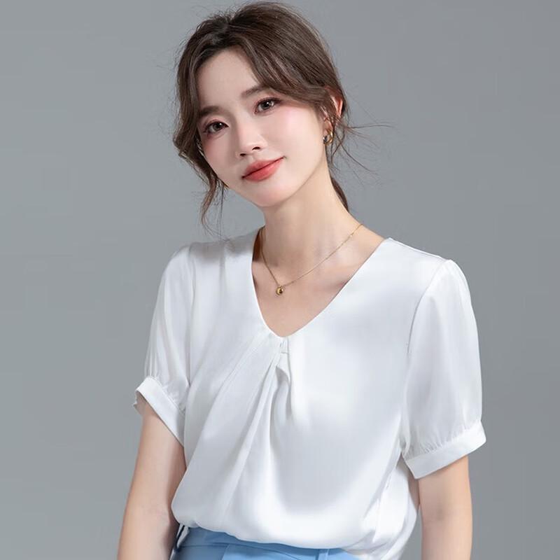 HANMANKE Women s V-Neck Satin Chiffon Short-Sleeve Blouse 3XL