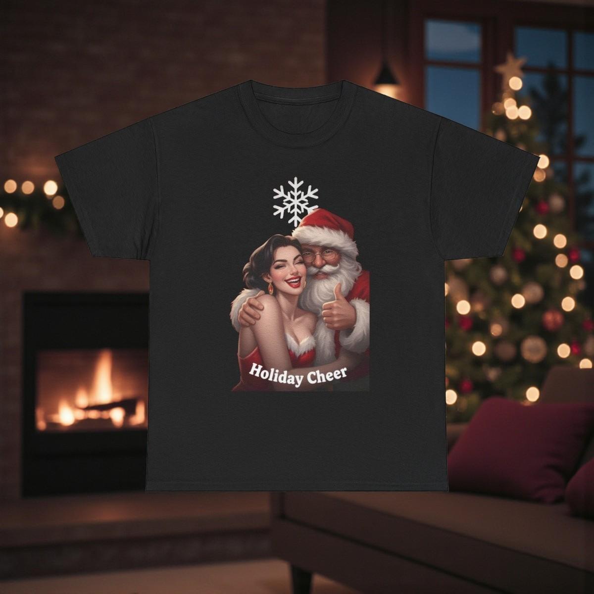 Holiday Cheer Santa Claus and Pinup Girl T-Shirt | Vintage Christmas Tee L
