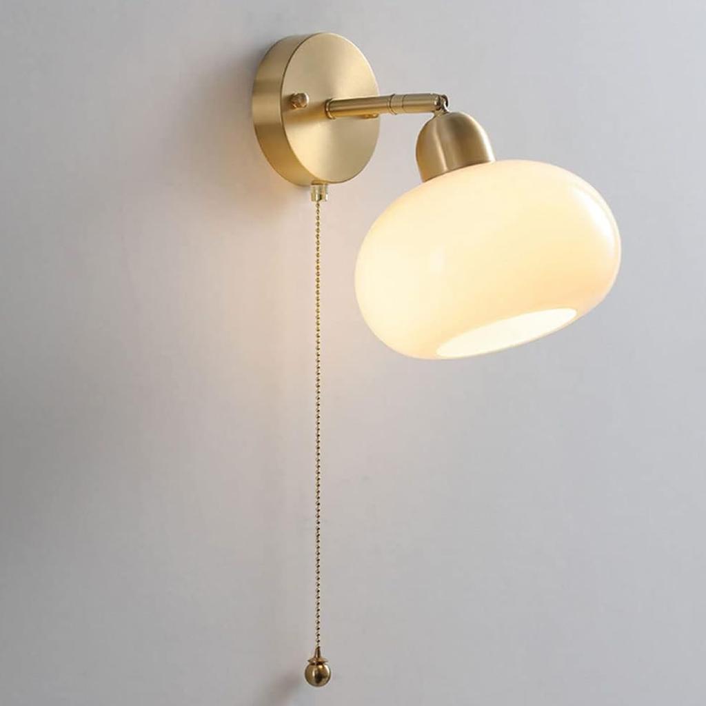 Brass Milk Glass Wall Sconce with Pull Chain Switch Vintage Copper Mid Century Modern Wall Light Fixture Adjustable Gold Farmhouse Bedside Wall Lamp