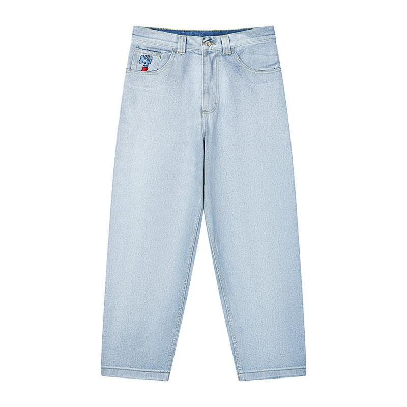 Mens Relaxed Straight Fit Denim Jeans Hip Hop Streetwear Skateboard Pants Cotton Mid-Rise Washed