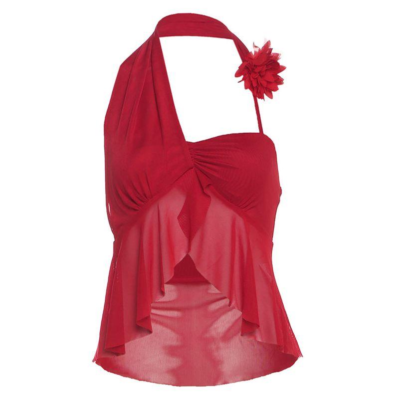 

# Sisjuly# Meiko Gold Irregular Flowers Hanging Neck Cami Tulle Perspective Long dress Set Women Summer Red sling(K25L63203) S