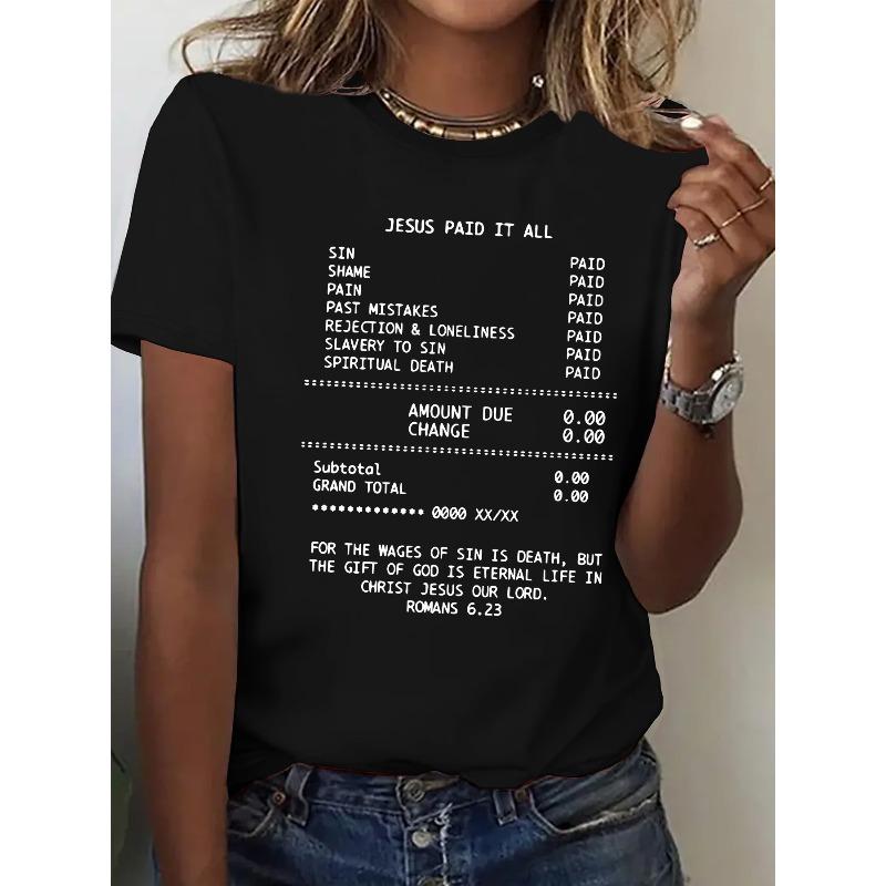

European Size Women S Casual Graphic T-Shirt - Jesus Paid It All Print, Short Sleeve Crew Neck, Light Blue with White Text, Soft Polyester Fabric 4XL чорний