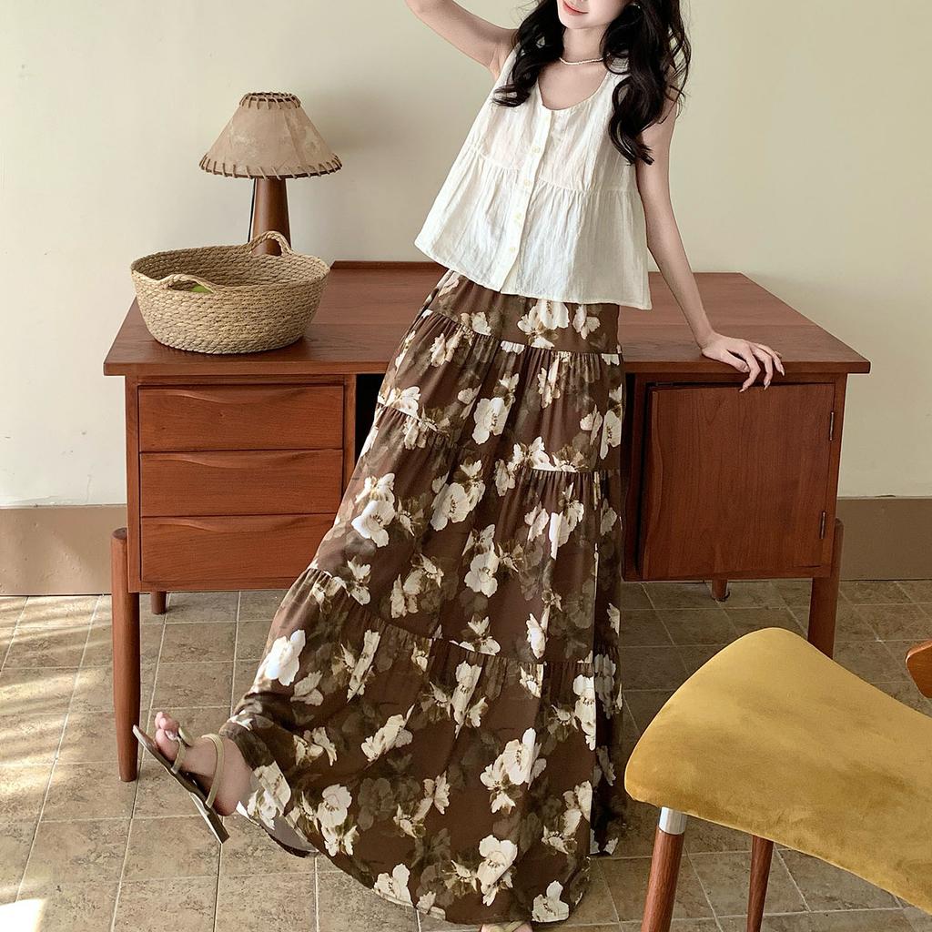 Sweet floral cake skirt female summer high waist A-fold skirt temperament fairy skirt gentle cotton and silk nightdress