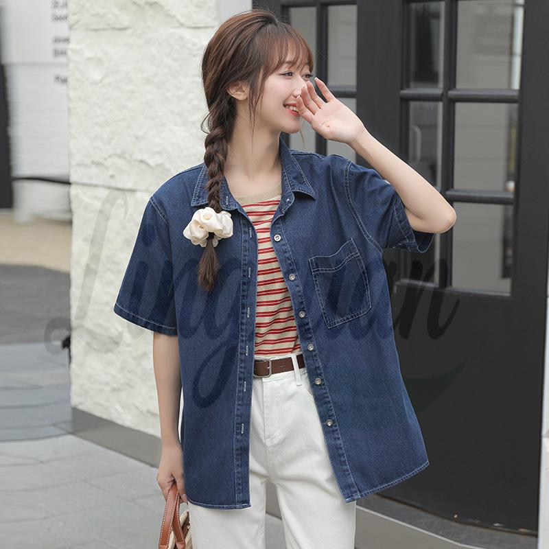 Korean Style Fashion Casual Retro Loose Short-Sleeved Top Small темно-синий
