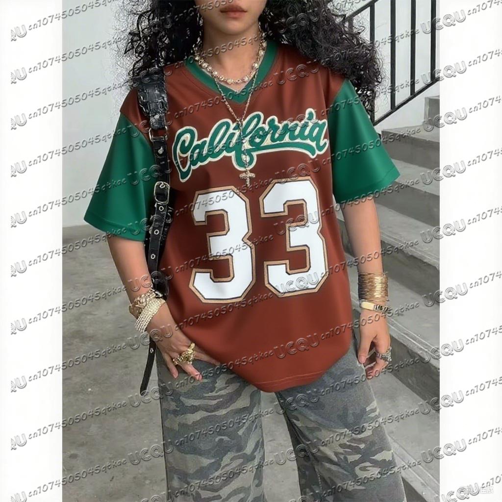 Women's Casual Personality Number Letter Printing Soccer T-Shirt Fashion V-Neck Loose Oversize Comfort Top Spring