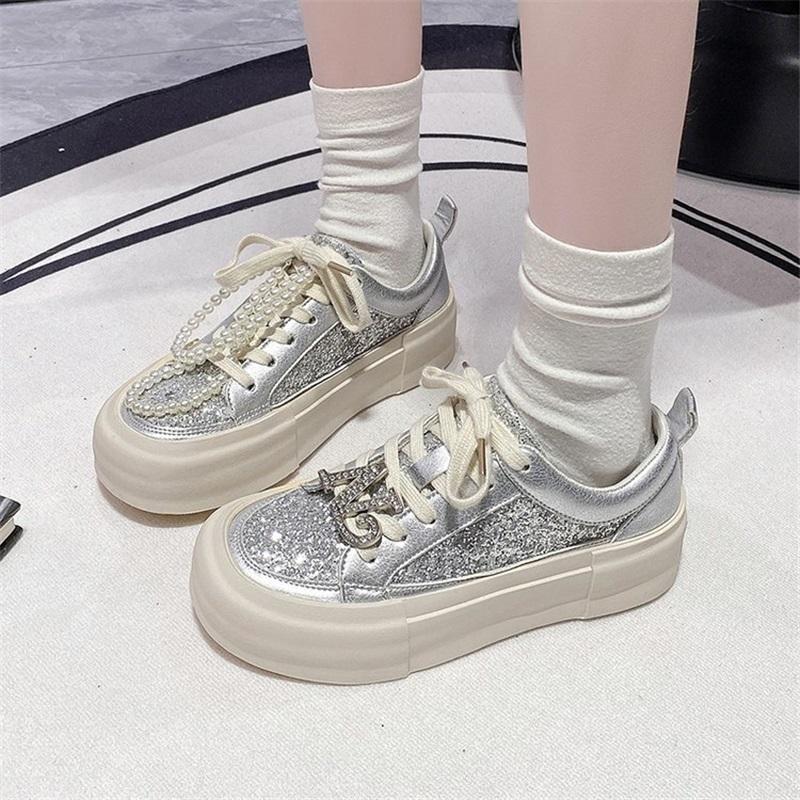 Women Versatile Casual Flats Thick Sole Rhinestone Vintage Dirty Sneakers