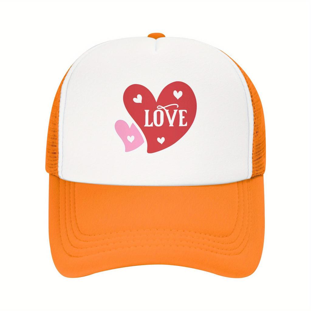 Love Heart Graphic Mesh Trucker Hat Polyester Casual Adjustable Snapback Baseball Cap for Men Women