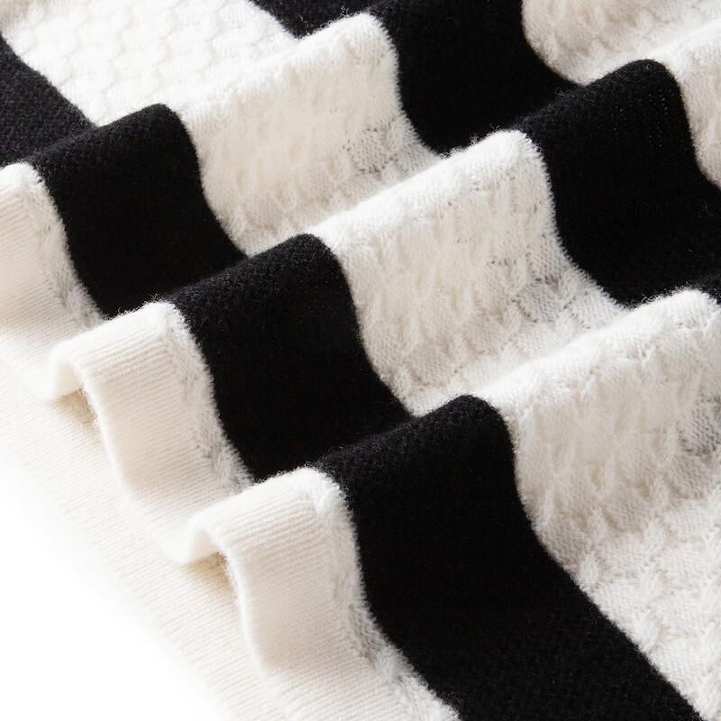 TUHUANG Women's Thickened Pure Wool Striped Color Block Round Neck Sweater