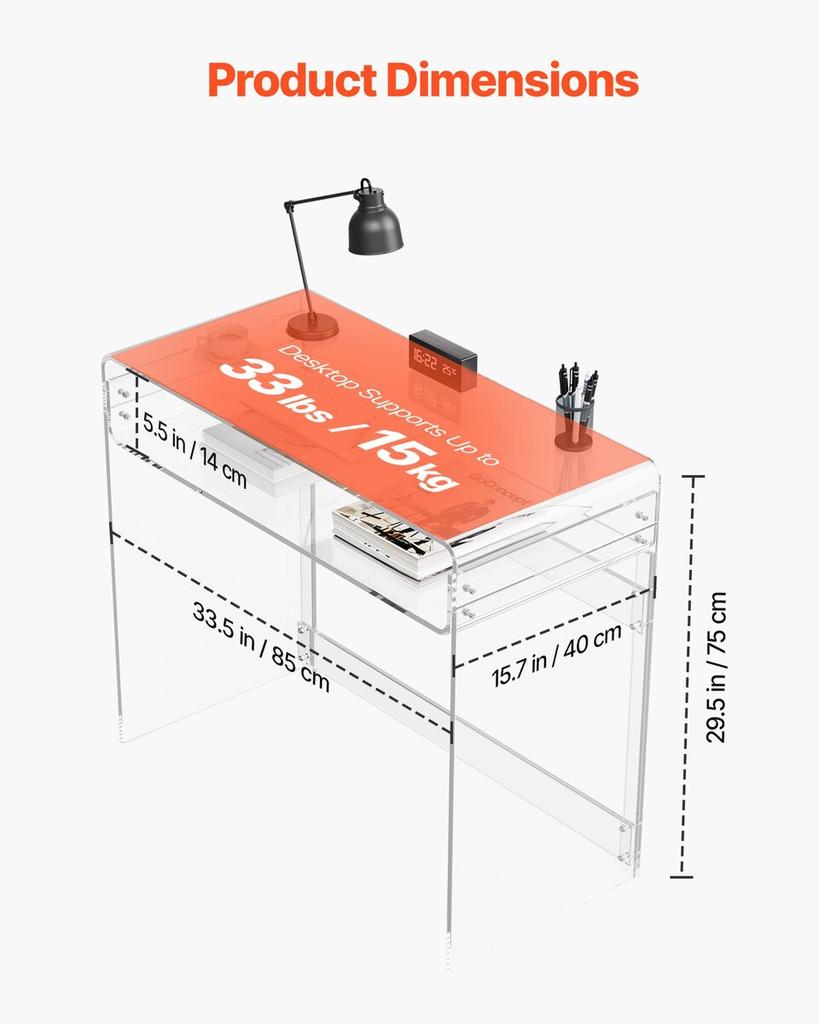 Acrylic Table, 2 Tiers Clear End Table with Storage Shelf, Modern Rectangle Acrylic Side Desk, Transparent Thick Desk Nightstand for Bedroom, Office,