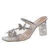 High Heels Women's Summer New Butterfly Rhinestone Word with Crystal Heel Sandals Square Head Thick Heel Slippers Women