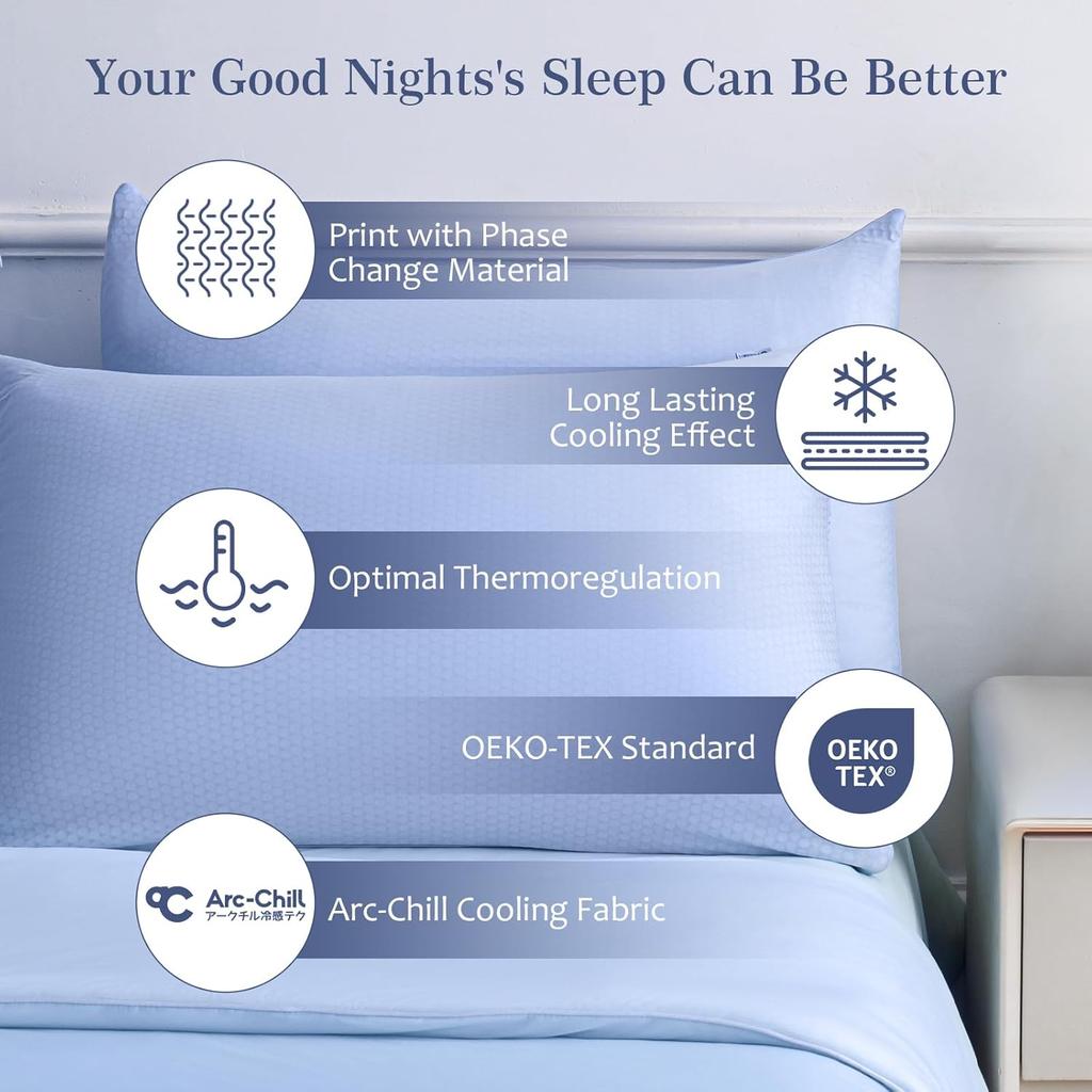 LUXEAR PCM Cooling Pillow Cases, 2 Pack Arc-Chill Q-Max>0.5 Ultra Cool Pillowcases with PCM Print Wick Moisture, Hidden Zipper Cold Pillow Protector