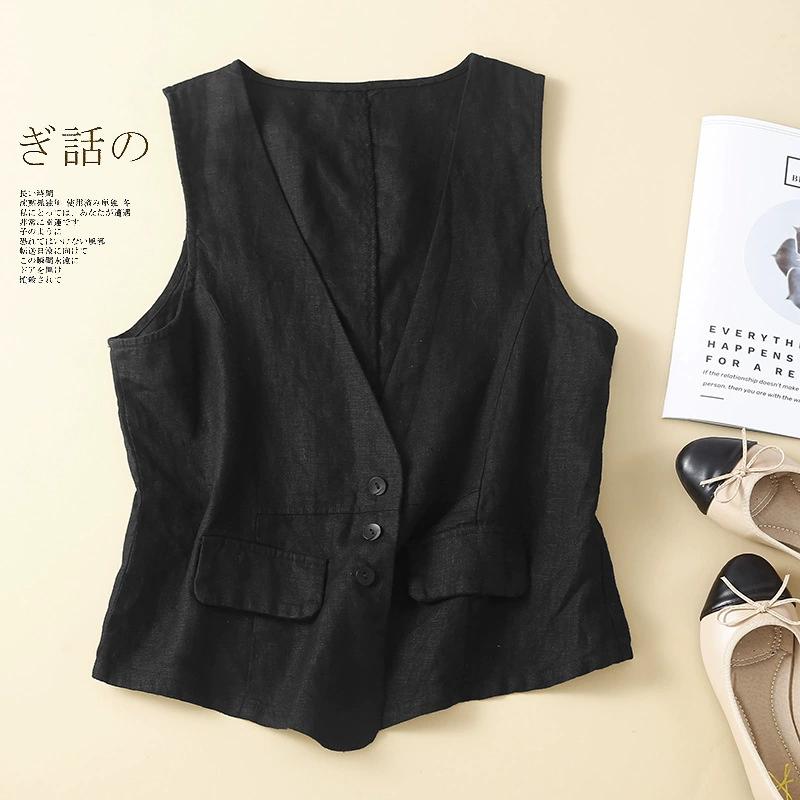 Literary Retro Linen Vest Summer V-neck Casual Sleeveless Vest Cotton and Linen Thin Outer Wear Vest Jacket