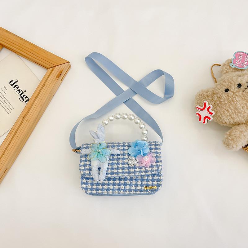 

Mini Cute Rabbit Childrens Bag Stylish Pearl Handle Tote For Girls Ideal For Daily Use Bunny Houndstooth Blue