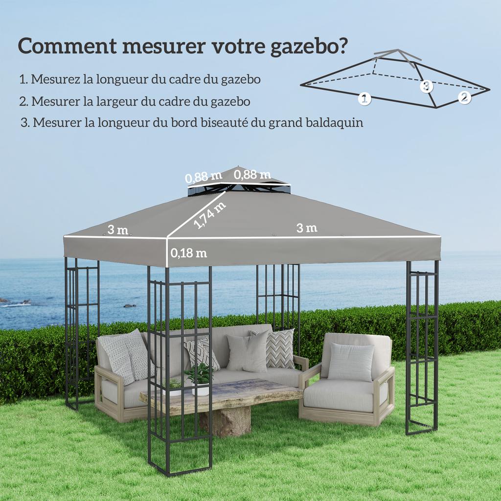Gazebo Canopy 3 X 3 M Replacement Canopy for 2-tier Gazebo UPF30+ Protection Drainage Holes Grey