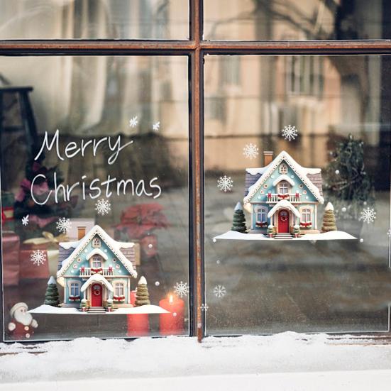 Christmas Double House Window Cling Removable Waterproof PVC Merry Christmas Winter Cabin Static Glass Sticker Holiday Party Decoration Decal