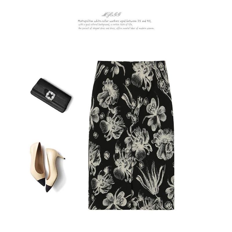 

Women s Elegant Floral Jacquard Pencil Skirt High Waist Bodycon Midi Skirt S чорний