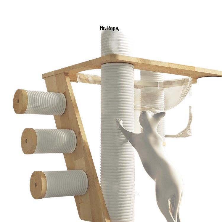 Solid Oak Cat Tree with Wall-Mounted Space Capsule Bed