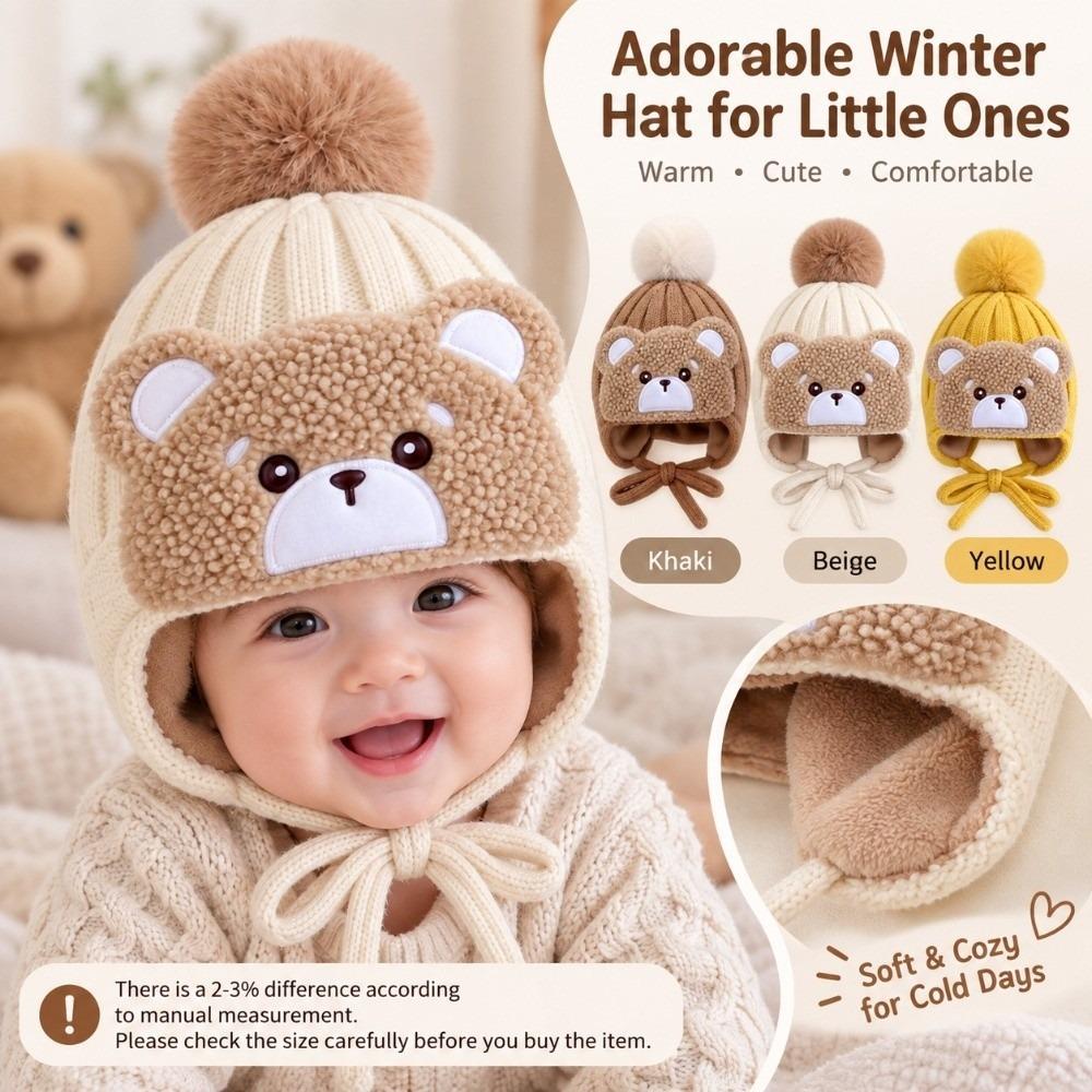 Windproof Kids Pom Pom Beanie Fleece Lined Winter Earflap Cap Cute Baby Knitted Hat Winter