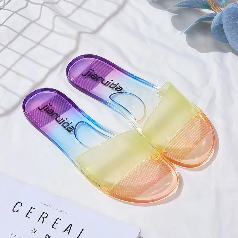 WTEMPO Trendy Jelly Outdoor Indoor Home Soft Slippers Women's Spring Summer Transparent Open Toe Flat Heel Beach Sandals