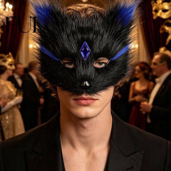 Adjustable Strap Fox Mask Halloween Half Face Mask, Plush Animal Masquerade with Women Girls Cosplay Masks Rhinestone Gems, Party Prop for Ball Props