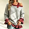 Women's One-Shoulder Plaid Patchwork Cuff and Hem Loose Fit Two-Piece Top