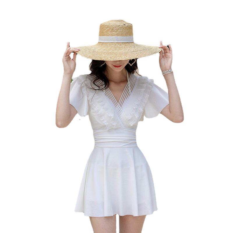 Women's Black One-Piece Skirt Swimsuit 2025 - Summer Conservative Swimwear, Sweet Slimming Design with Belly Coverage.