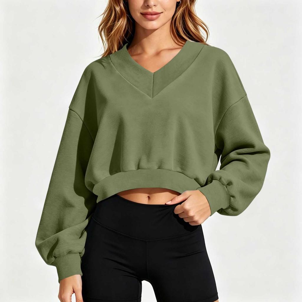 Women's Casual V Neck Long Sleeve Cropped Sweatshirt for Everyday Wear