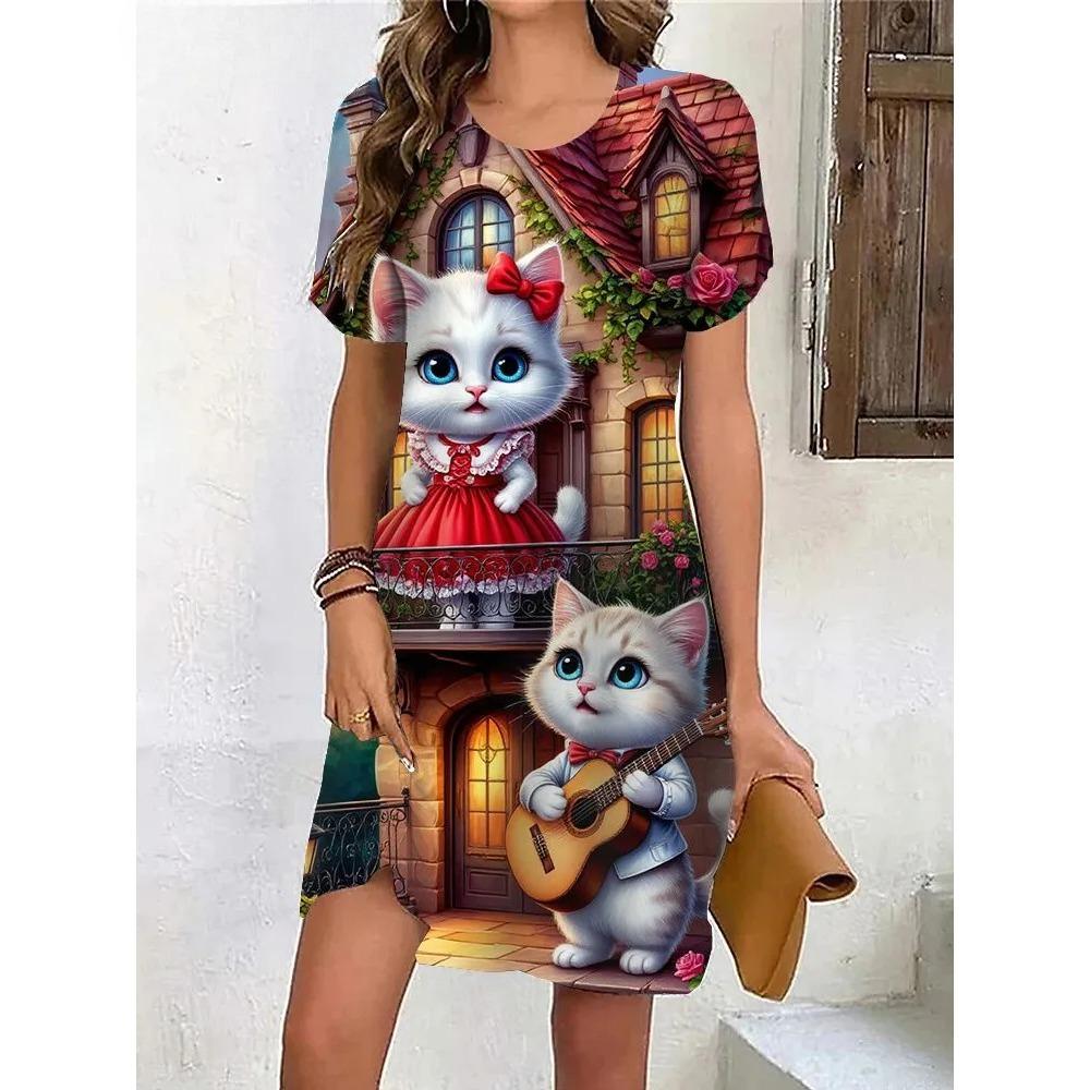 Cute Animal 3D Printed Ladies Elegant Casual Short Sleeve Dresses Fashion Plus Size Comfortable Soft Breathable Women Mini Dress