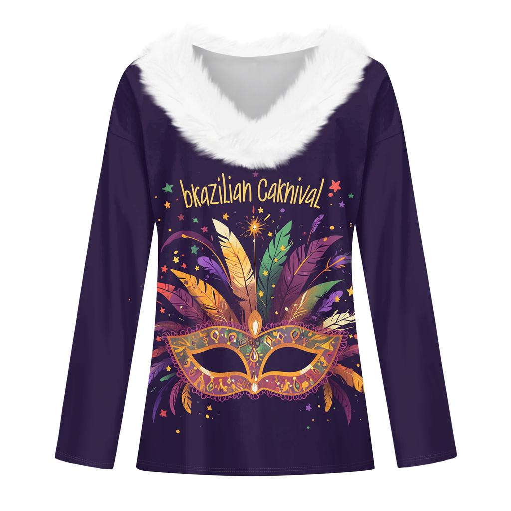 Dámský volný ležérní top s dlouhým rukávem a potiskem, plyšový límec ve tvaru V, top s dlouhým rukávem