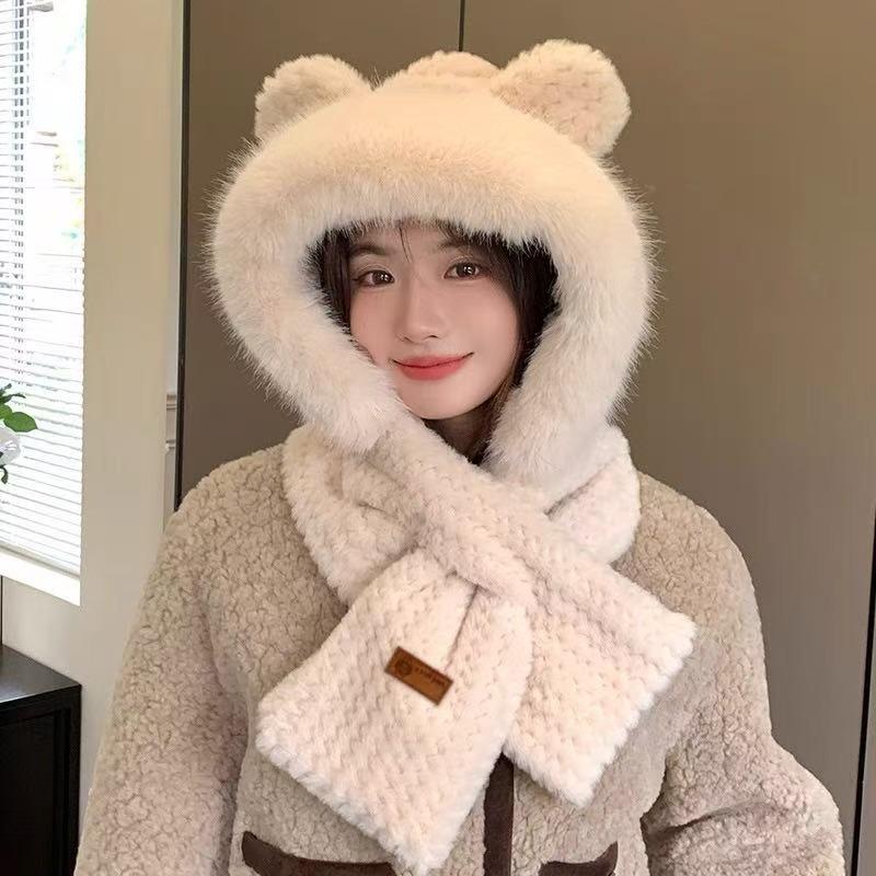 Warm versatile bear ears hat scarf integrated women's winter windproof plush thickened plush scarf