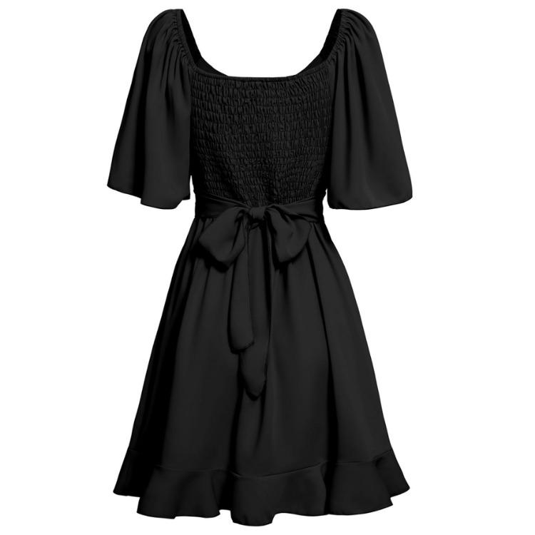 Women Summer Casual V-Neck Short Dress Solid Color A-Line High Waist Above Knee Lotus Leaf Sleeve Spring Dress S-XL