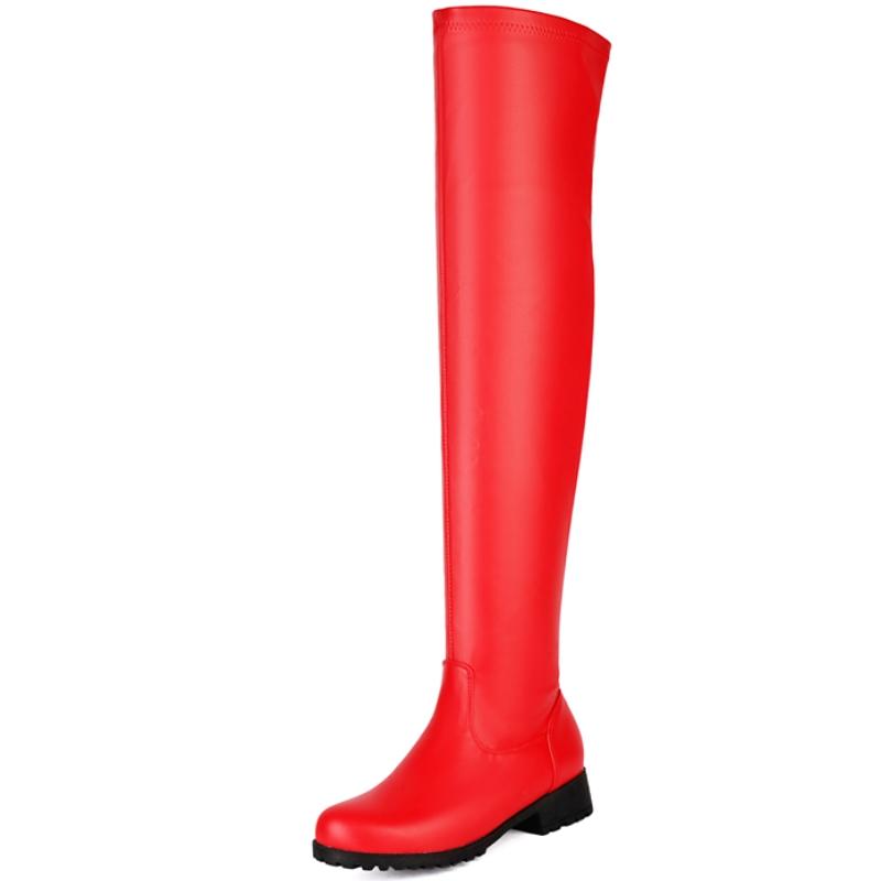 Elastic Women's Thigh High Boots Comfortable Low Heels Over-the-knee Boot Black Red White Long Fetish Shoes Ladies Large Size 48