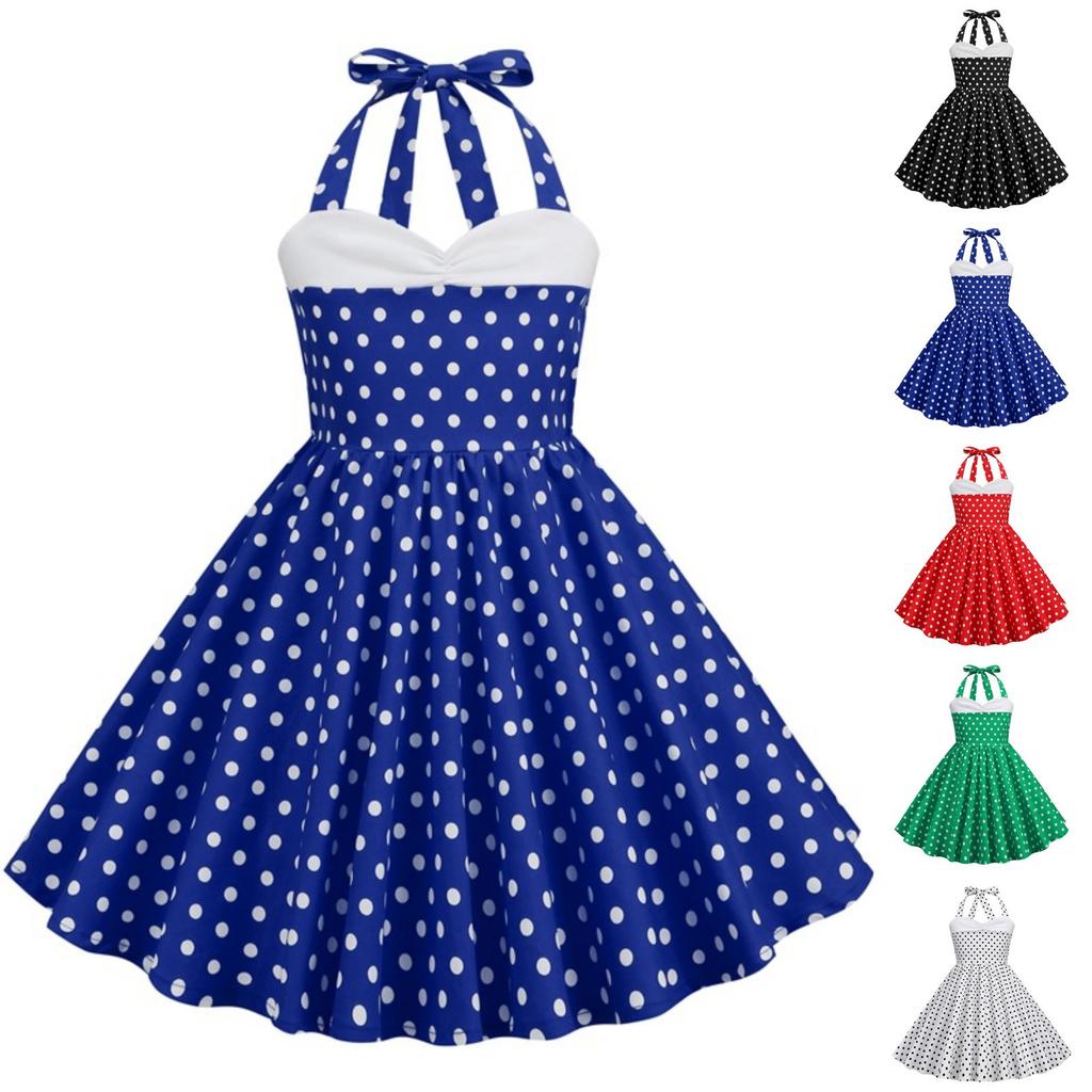 Moda Bambini Manica Corta Cuciture sul Collo Pois Retro Abbigliamento Bambini Gonna