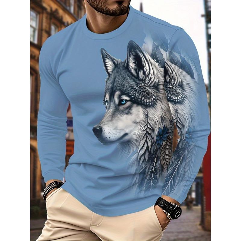 Wild White Wolf Head King Letter Splash Ink Print Long Sleeve T-Shirt For Men, Crew Neck Hip Hop Street Casual Loose Tee Shirts