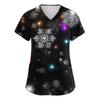 Women's V-neck Christmas printed short-sleeved pocket side-slit protective suit top