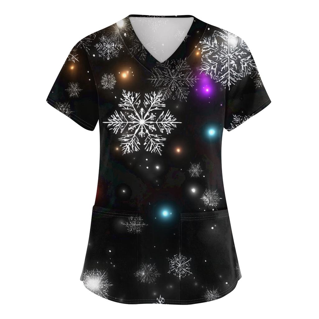 Women's V-neck Christmas printed short-sleeved pocket side-slit protective suit top