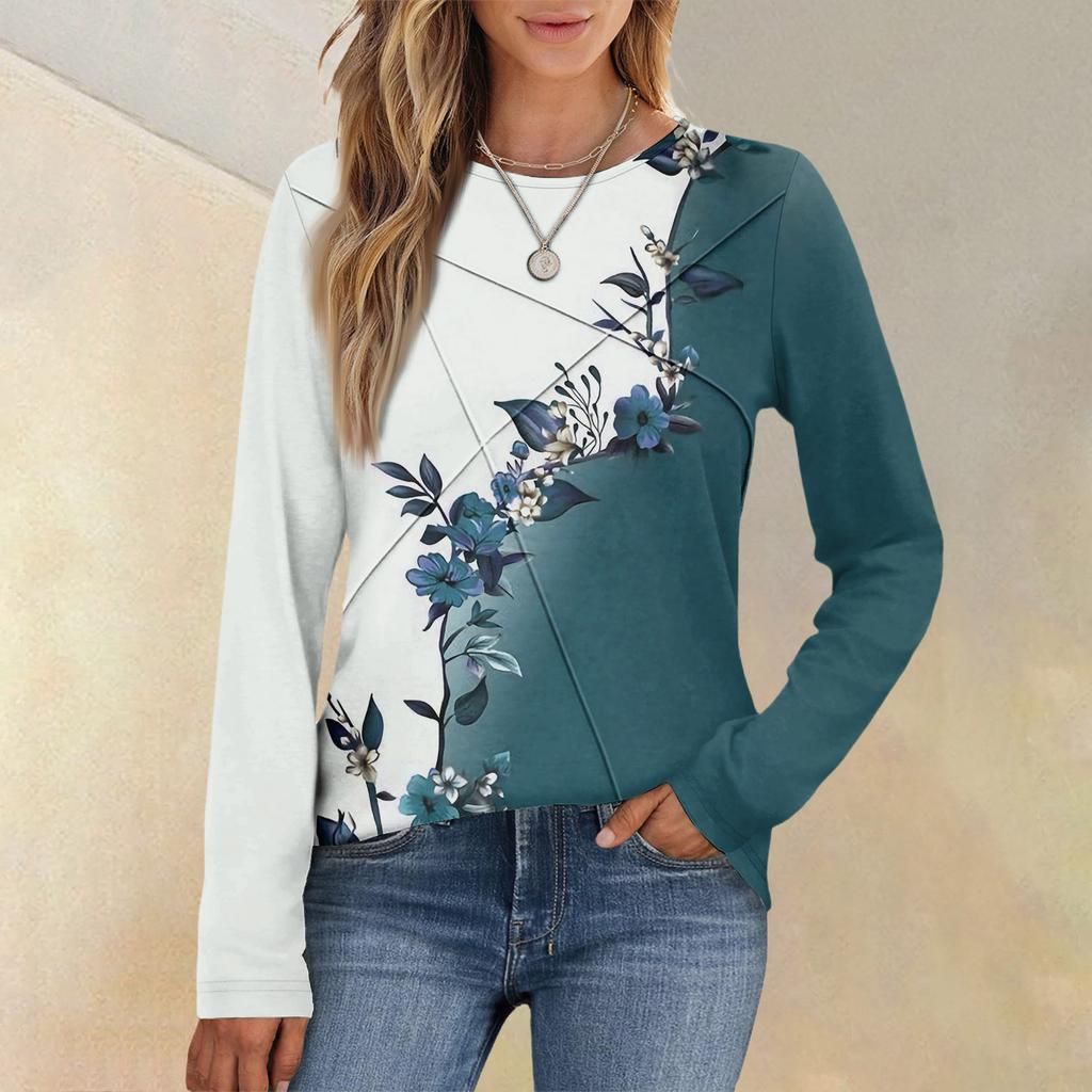 Damenmode Langarm Rundhals Lässiges Plissee Floral bedrucktes Lockeres Oberteil