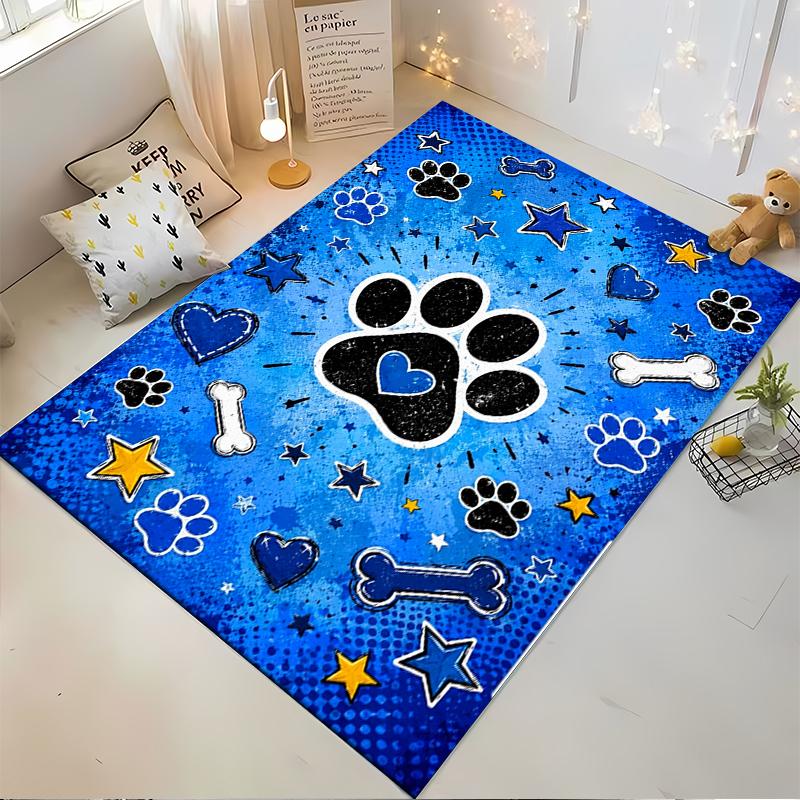 Blue Paw Print with Stars and Bones Theme Rug, Non-slip rug suitable for living room and bedroom sofas.