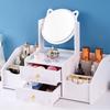 Specchio da Toeletta Girevole con Orecchie da Gatto e Scomparti con Cassetto - Specchio da Trucco in Legno da Scrivania